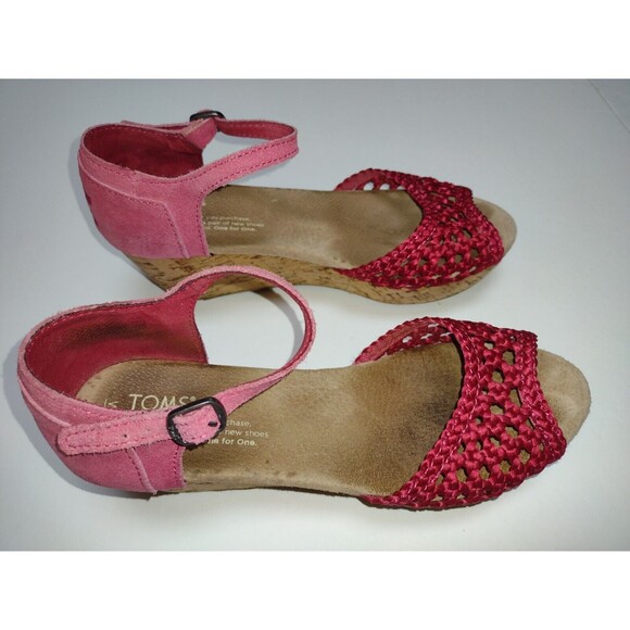TOMS Red Pink Crochet Leather Ankle Cork Wedge Heels Sandals Size 6.5 - Picture 5 of 8